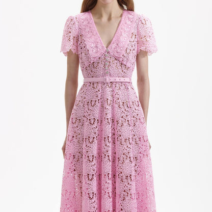 SP Pink Guipure Midi Dress Collar Lace