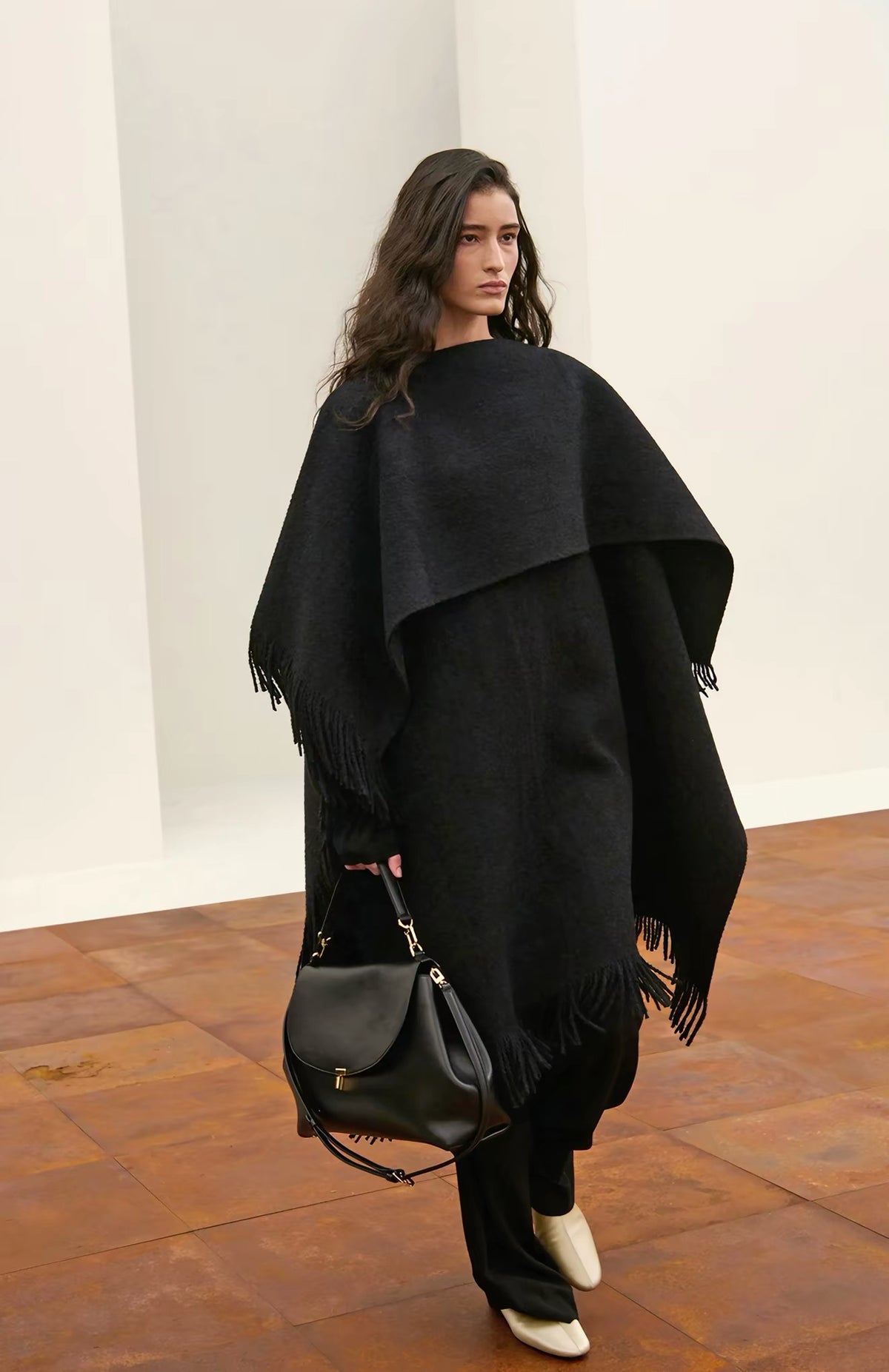 Tot Fringed High-Low Wool-blend Poncho Cape