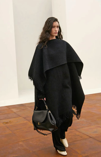 Tot Fringed High-Low Wool-blend Poncho Cape