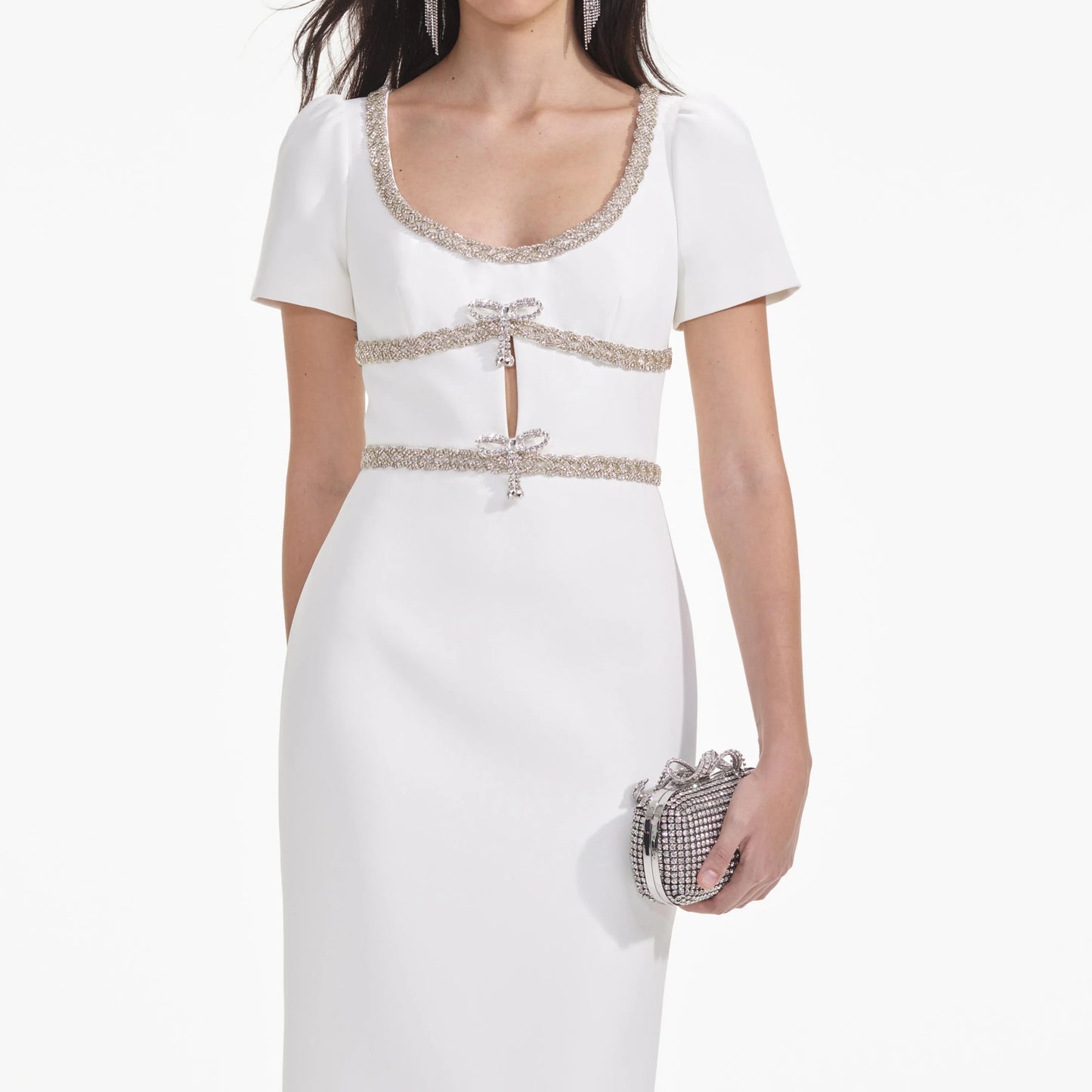 SP Diamante Bow Trim Midi Dress in White and Black