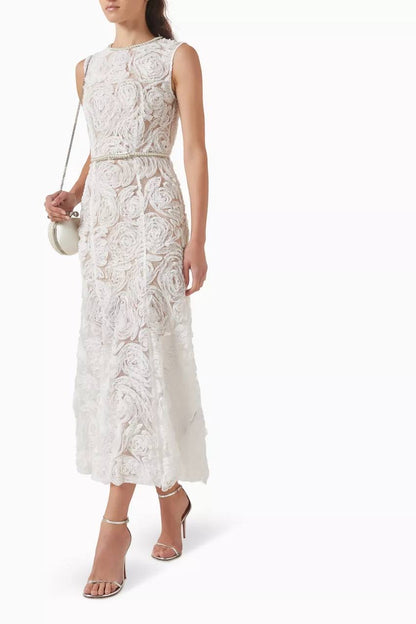 SP White Tulle Lace Belted Midi Dress