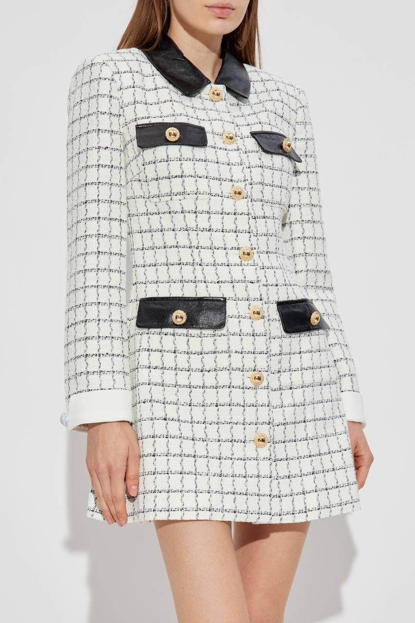 SP Check Boucle Leather Trim Long Sleeve Mini Dress