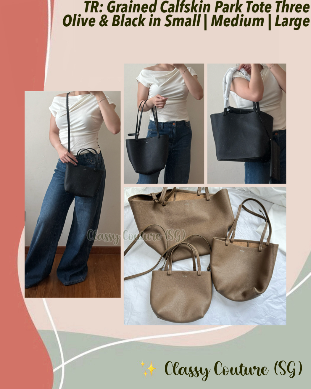 3 Sizes! TR Olive & Black Grained Calfskin Park Tote Three Bag in Small | Medium | Large