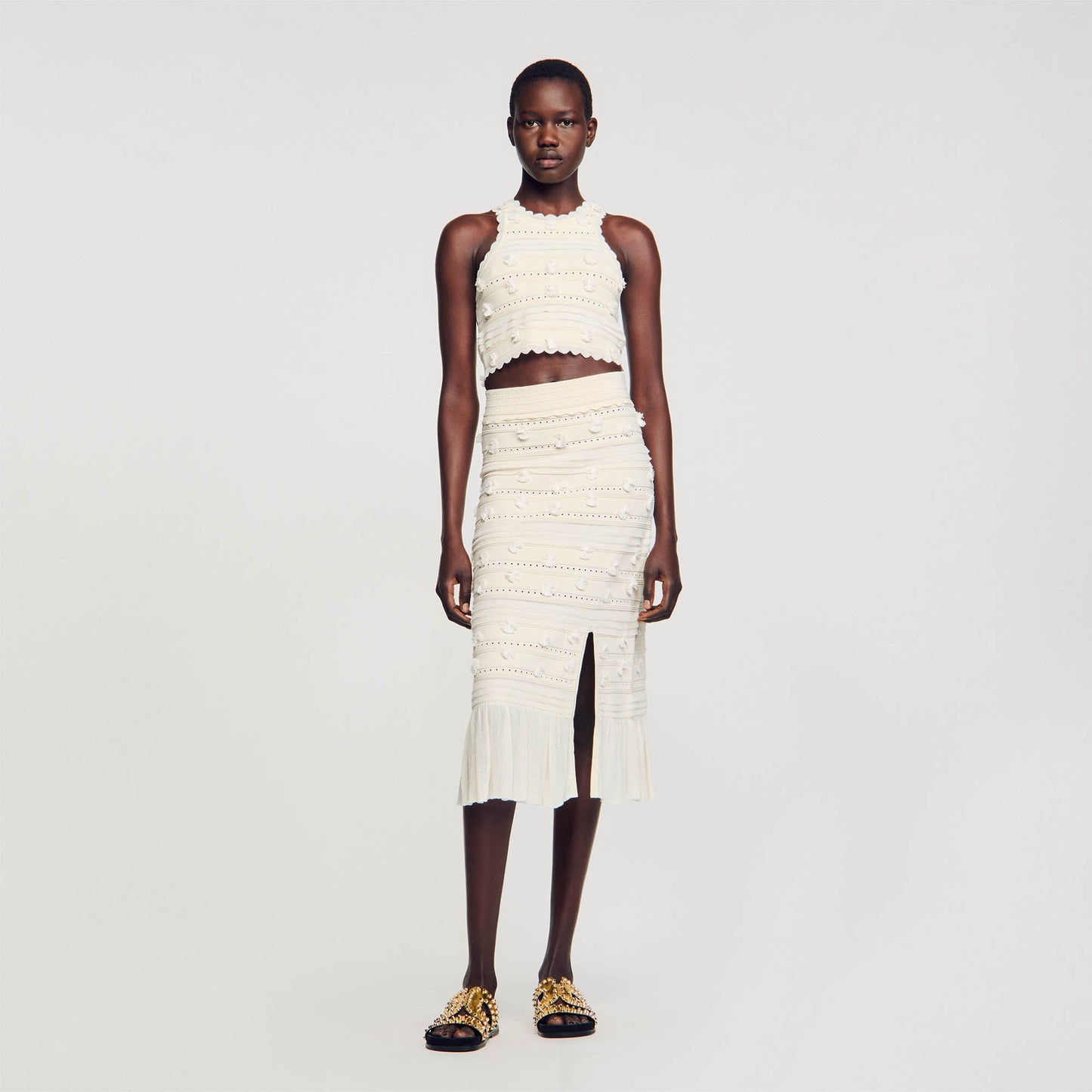 SD Iman Knit Crop Top | Imanie Openwork Knit Midi Skirt | Tassel Appliqué Set