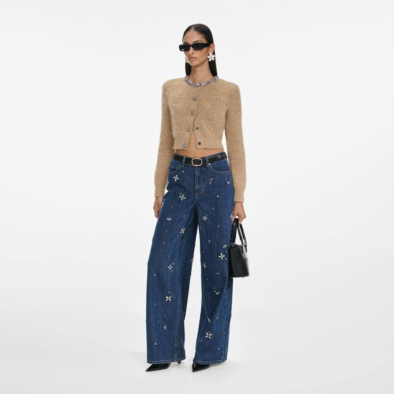 SP Embellished High Waist Wide Leg Jeans in Light Blue Wash | Dark Blue Wash