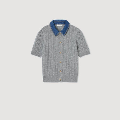 SD Mado Denim Collar Short-sleeved Wool-Cashmere Cable Knit Cardigan