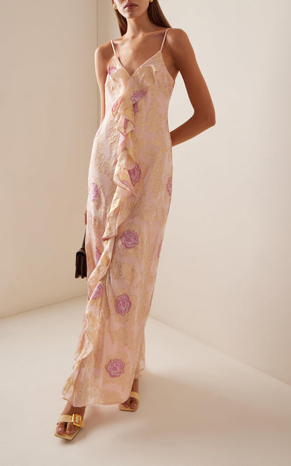 LSF June Maxi Dress in Magenta Marble Metallic Silk Blend