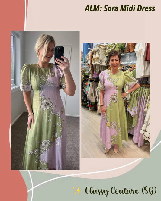 ALM Sora Puff Sleeve Linen Midi Dress