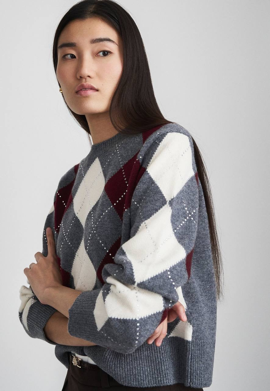 MJ Argyle Cropped Rhinestone Embellished Wool Jumper
