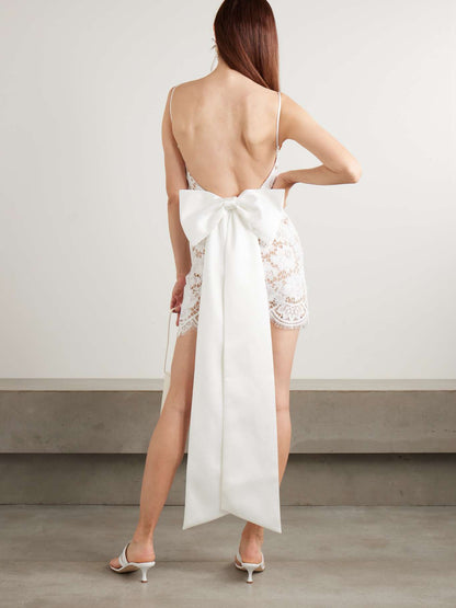 SP White Lace Scalloped-Hem Bow Open Back Mini Dress