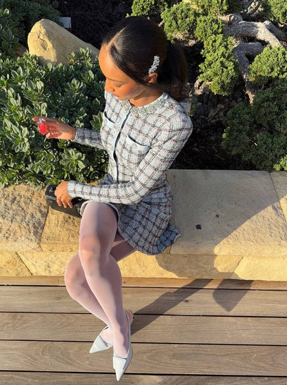 SP Blue Check Knit Cropped Cardigan | Mini Skirt | Set