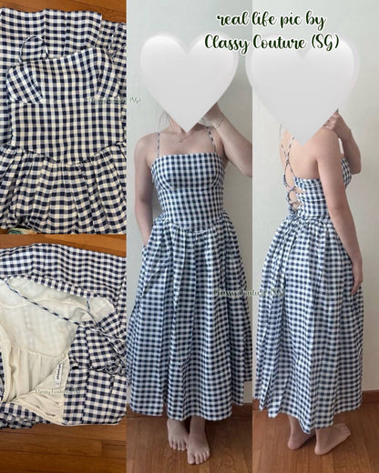 SP Navy Blue Gingham Taffeta Midi Dress