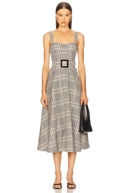 3 Colors! CC Calypso Bustier Belted Midi Dress in Floral Linen | Wool-blend Pinstripe | Plaid Check