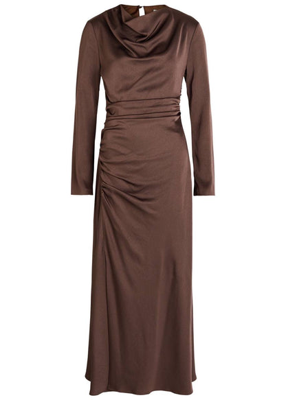 SK Odessa Ruched Long Sleeve Satin Midi Dress in Chocolate brown