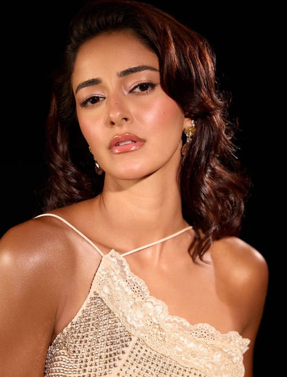 SP Champagne Rhinestone Lace Trim Halter Backless Maxi Dress