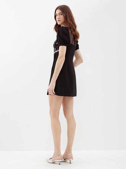 SALE! SP Blacked Tulle-panelled Crystal Embellished Crepe Puff Sleeve Mini Dress