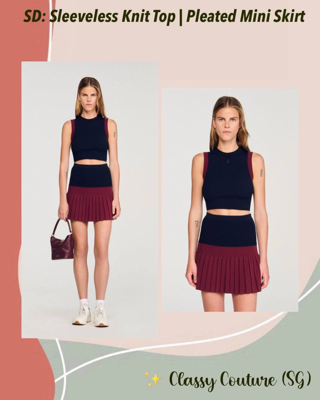 SD Arie Sleeveless Knit Cropped Top | Arielle Pleated Mini Skirt | Viscose-Blend Navy/Red Contrast Set