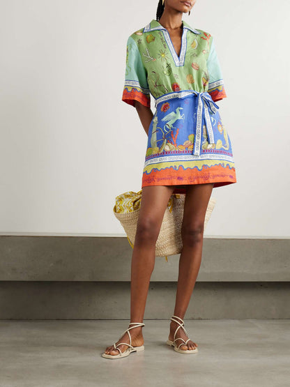 ALM Surrealist Summer V-neck Linen Mini Dress