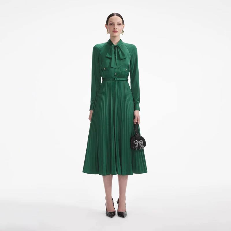 SP Green Satin Pussybow Pleated Midi Dress