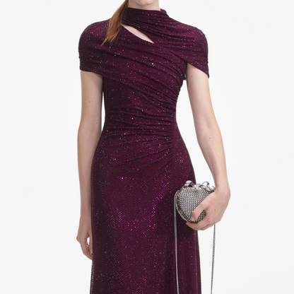 SP Burgundy | Slate Rhinestone Mesh Cut Out Midi Dress