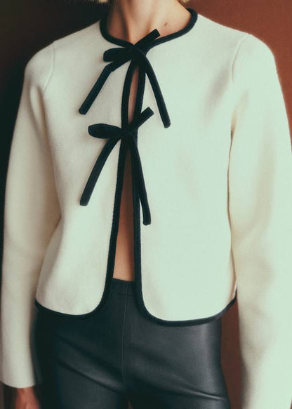 SZ Susie Cotton-Wool Ribbon-front Cardigan in Ecru/Black Contrast