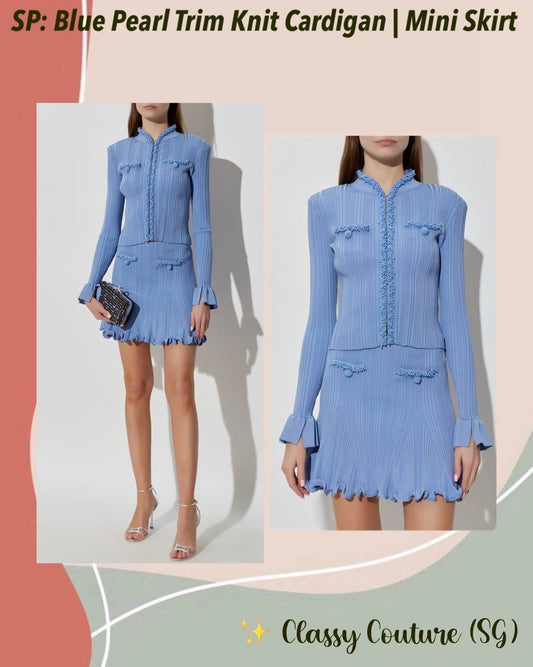 SP Blue Pearl Trim Knit Cardigan | Mini Skirt | Set