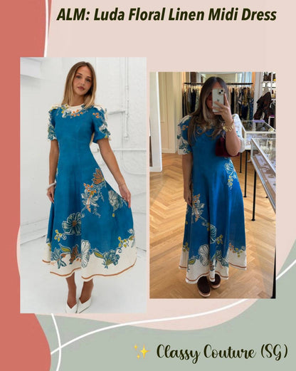 ALM Luda Floral Puff Sleeve Linen Midi Dress