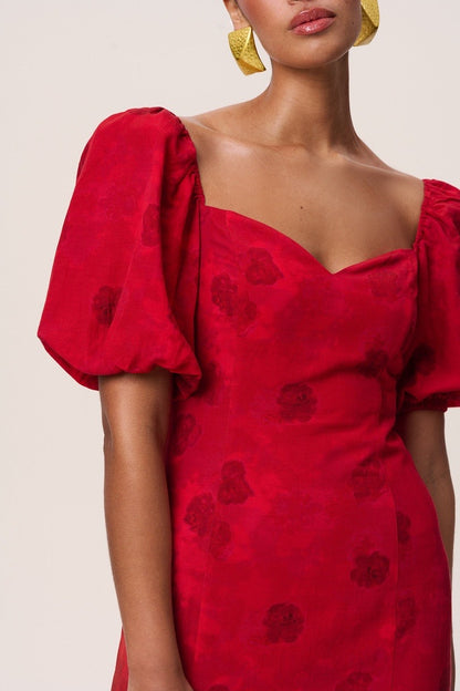 AD Vercelli Viscose-Linen Midi Maxi Dress | Red Puff Sleeve Backless