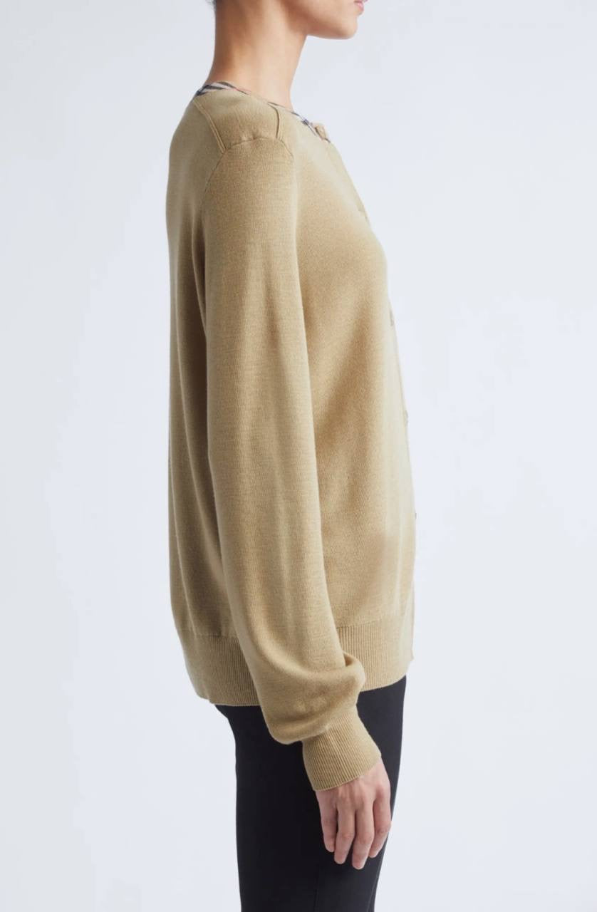 Check-trim Collar Wool Crewneck Cardigan