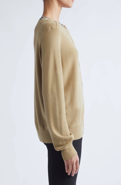 Check-trim Collar Wool Crewneck Cardigan