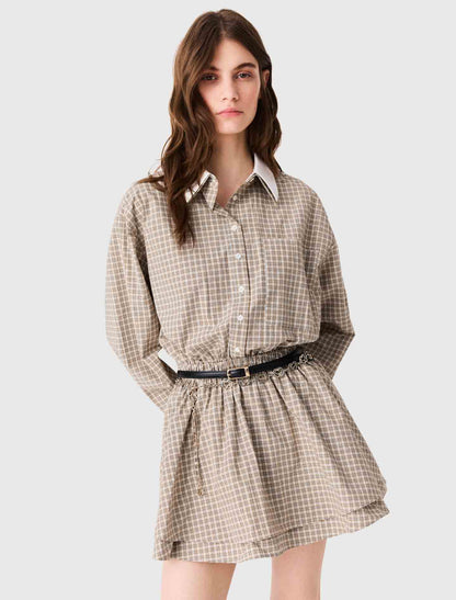 2 Colors! MJ Ritilona Rhinestone Checked Cotton Mini Dress Shirtdress Romper Playsuit (removable contrast collar)