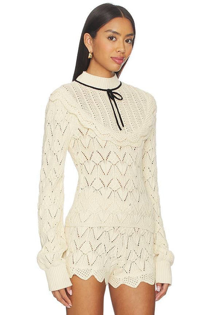 FLL Lelia Yoke Long Sleeve Top | Shorts | Cream Cotton Knit Set