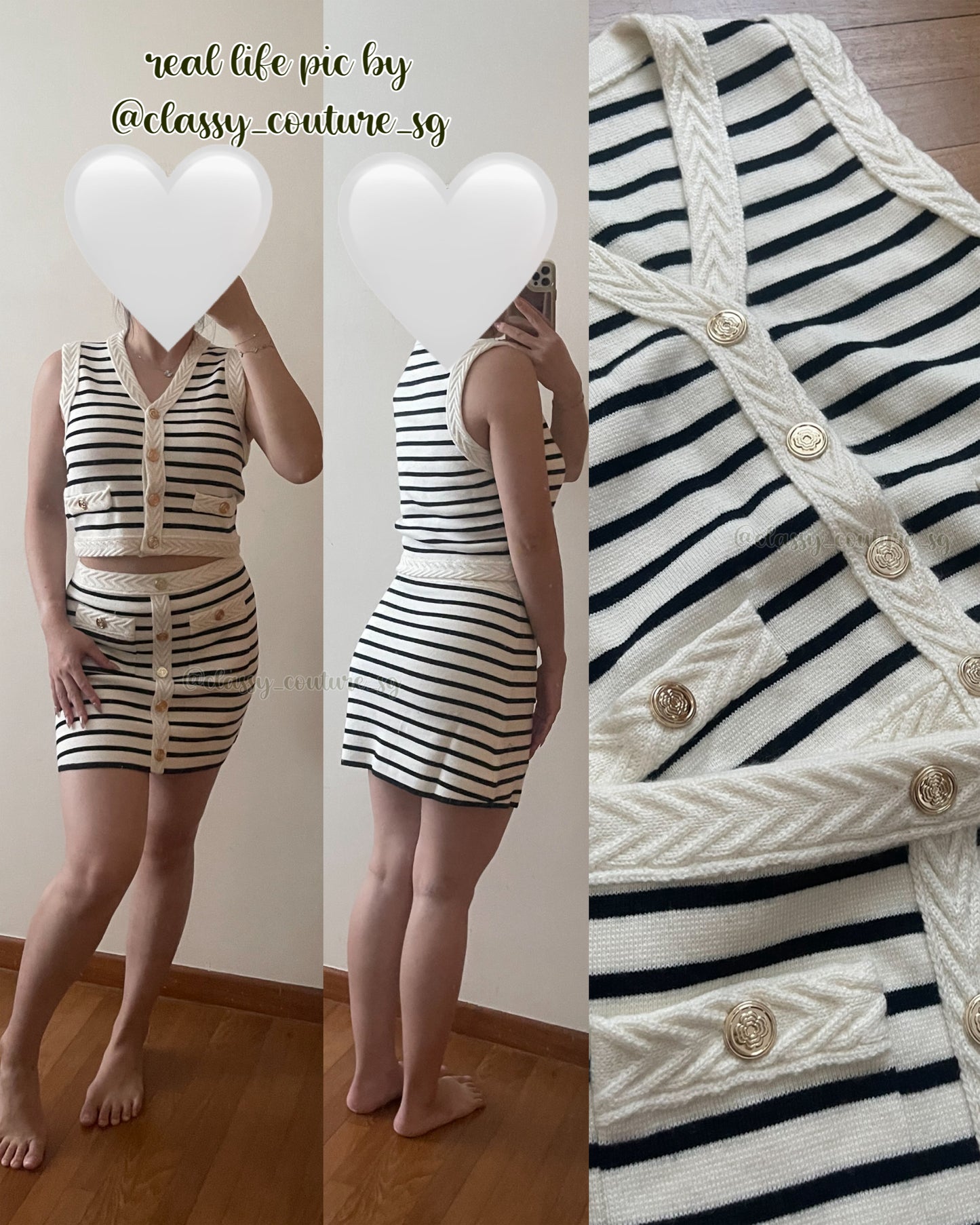 MJ Melisse Striped Knit Sleeveless Cardigan Vest Top | Elisse Mini Skirt | Wool Blend Set in Navy/Ecru