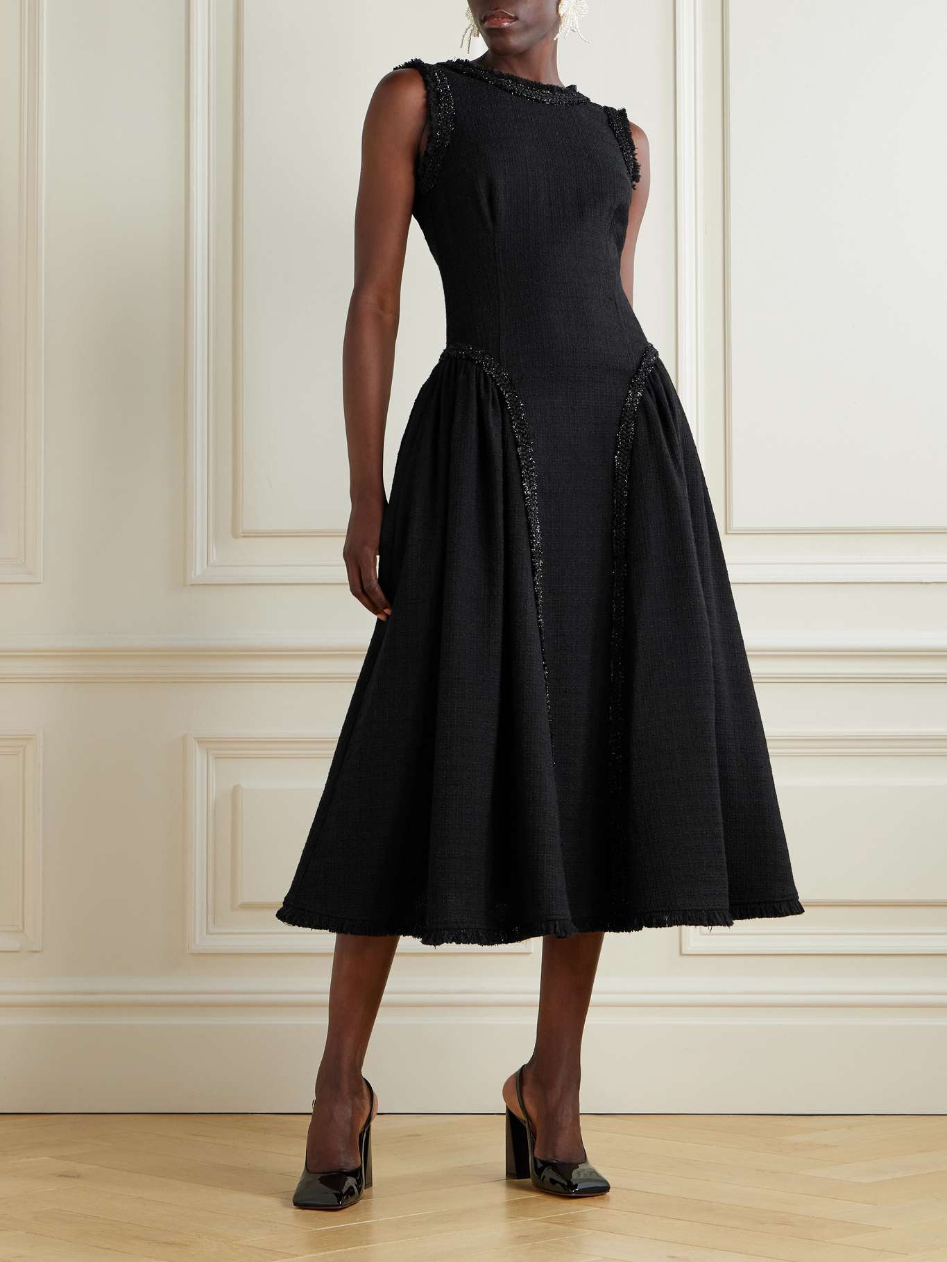 SP Black Boucle Sleeveless Open Back Midi Dress