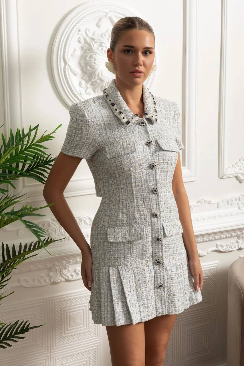 SP Diamante-trim Blue Boucle Pleated Skirt Mini Dress