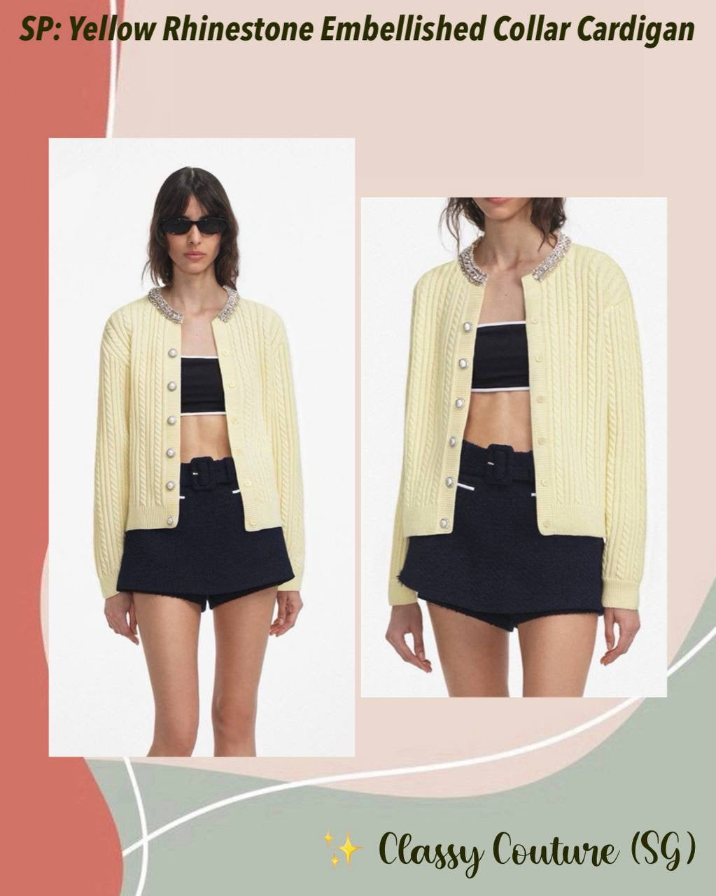 SP Yellow Rhinestone Embellished Collar Alpaca-blend Cardigan