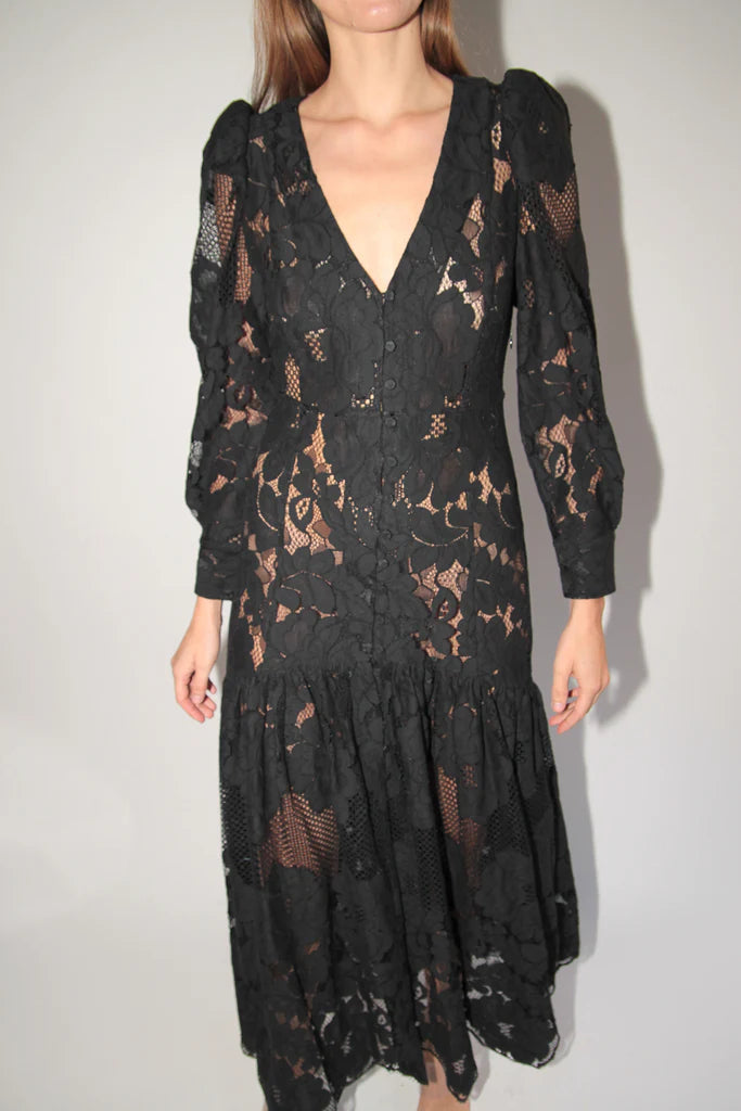 ML Penny Sheer Long Sleeve Cotton-Blend Lace Midi Maxi Dress in Black