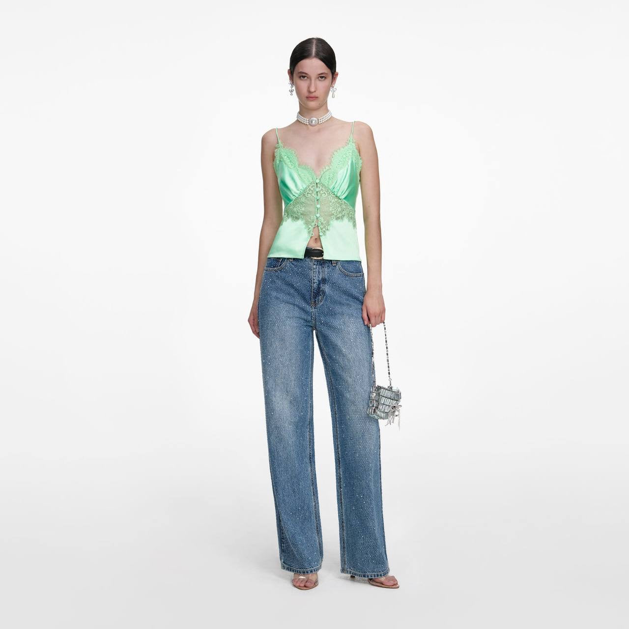 SP Green Satin Lace Cami Top