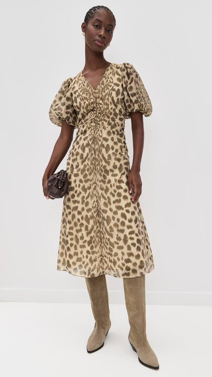 SE Claude Print Puff Sleeve Midi Dress