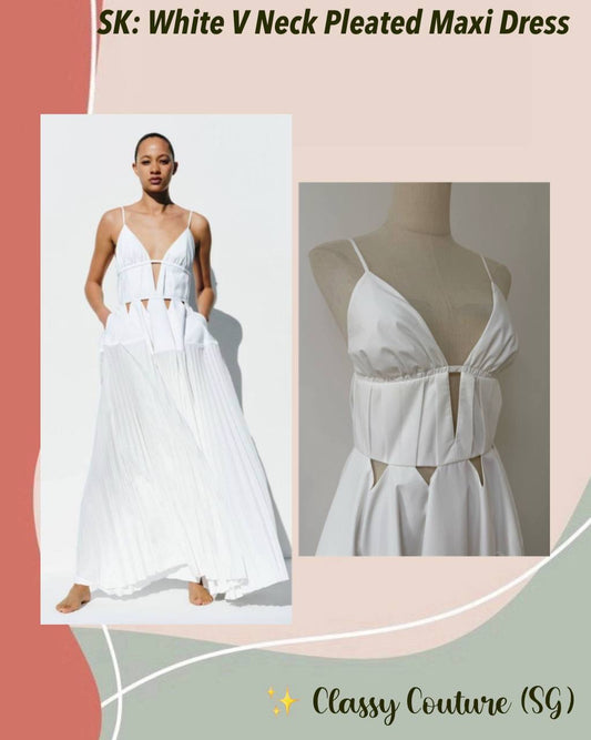SK White V Neck Cut-out Pleated Maxi Dress