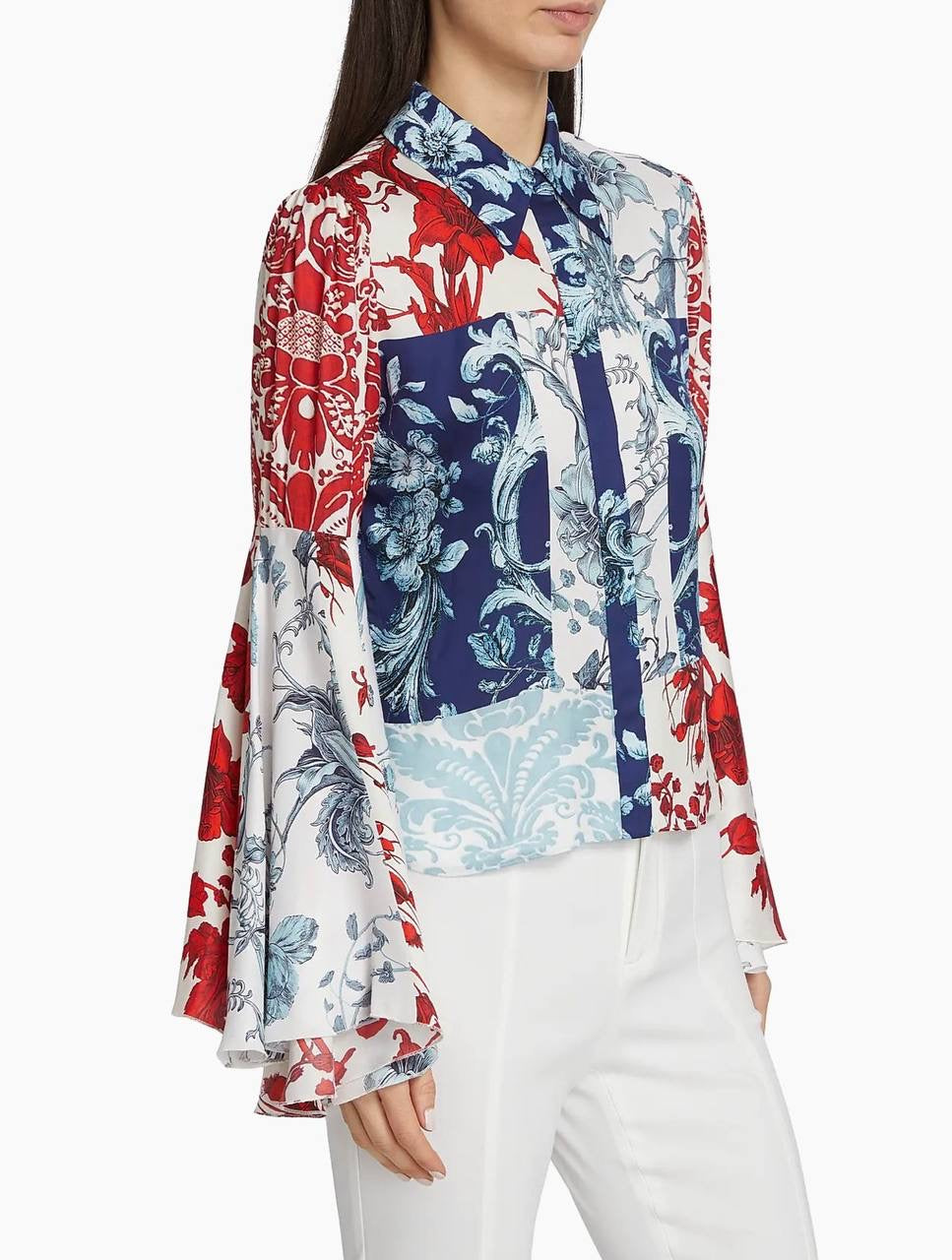 AO Willa Fitted Placket Bell-Sleeve Stretch-Silk Top