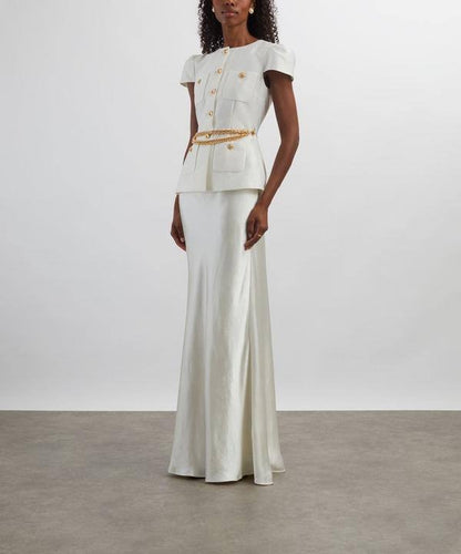 SP Cream Taffeta Chain Belt Maxi Dress