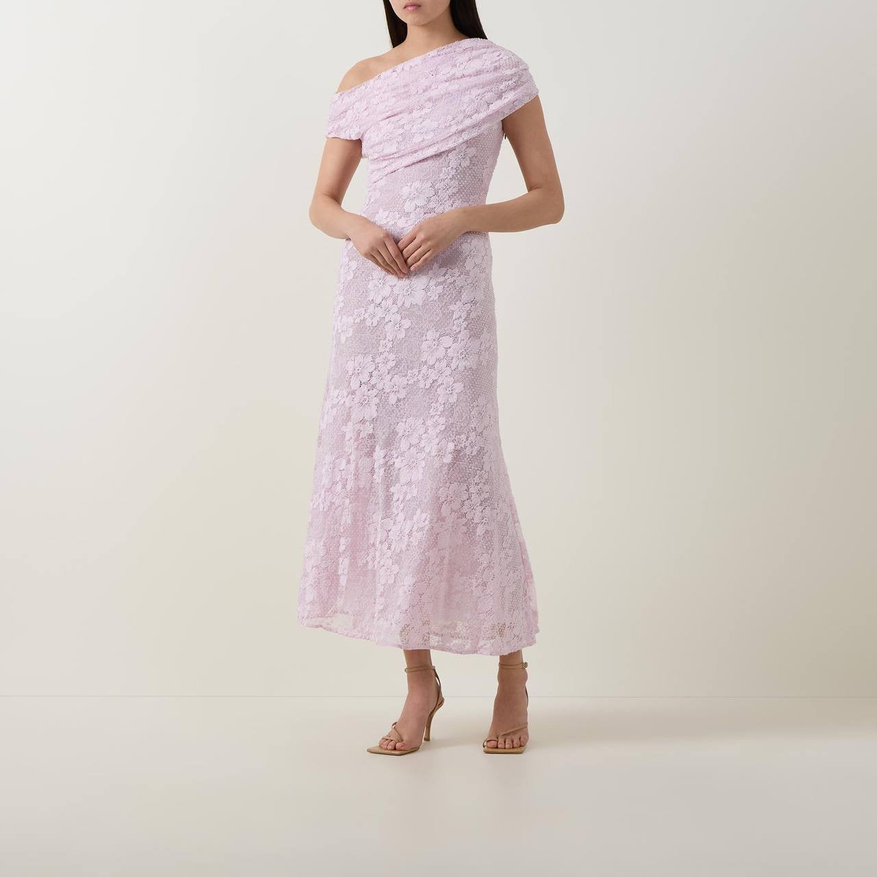 SP Pink Rhinestone Floral Lace Off Shoulder Midi Dress