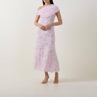 SP Pink Rhinestone Floral Lace Off Shoulder Midi Dress