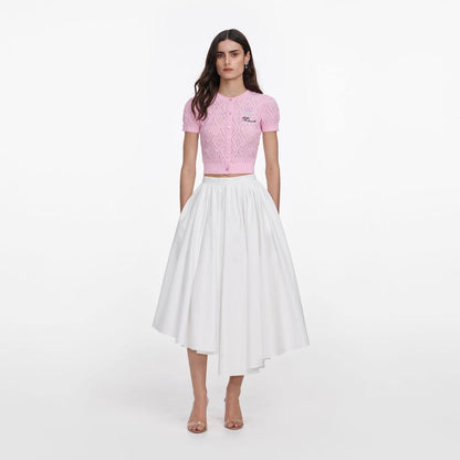 SP White Pointelle Short-Sleeve Sweater Top | Midi Skirt | Set