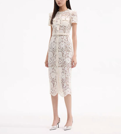 SP White Lace Diamante Bow Midi Dress