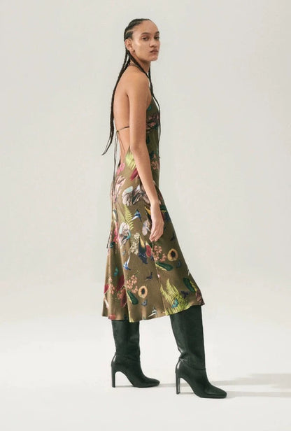 SL Halter Midi Dress in Magic Mushroom Fern Green & Dark Earth Brown Silk