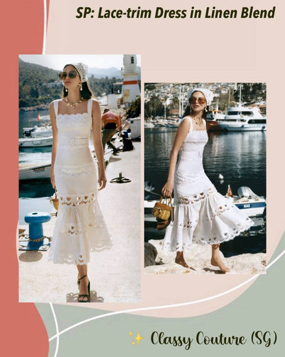 SP White Linen Lace Insert Belted Midi Dress
