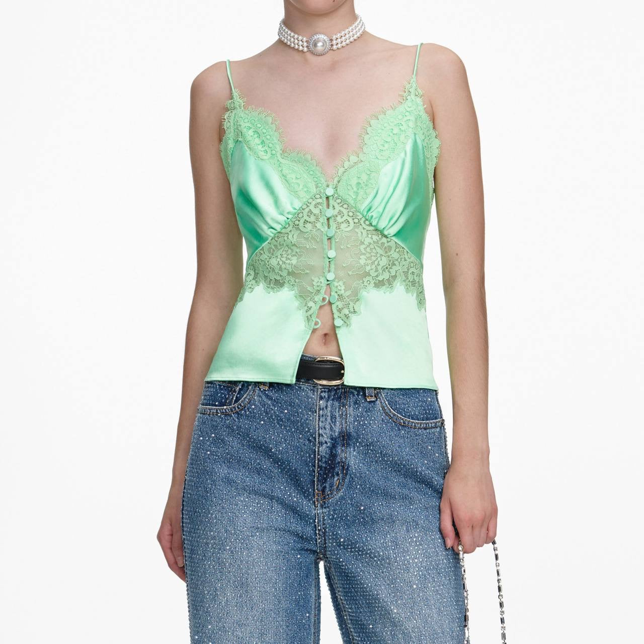SP Green Satin Lace Cami Top