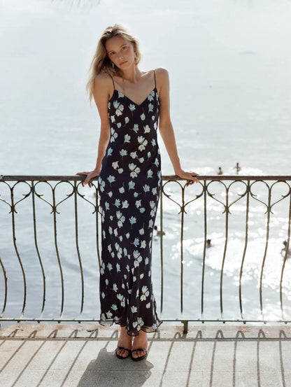 SP Navy Floral Rhinestone Strappy Midi & Maxi Dress